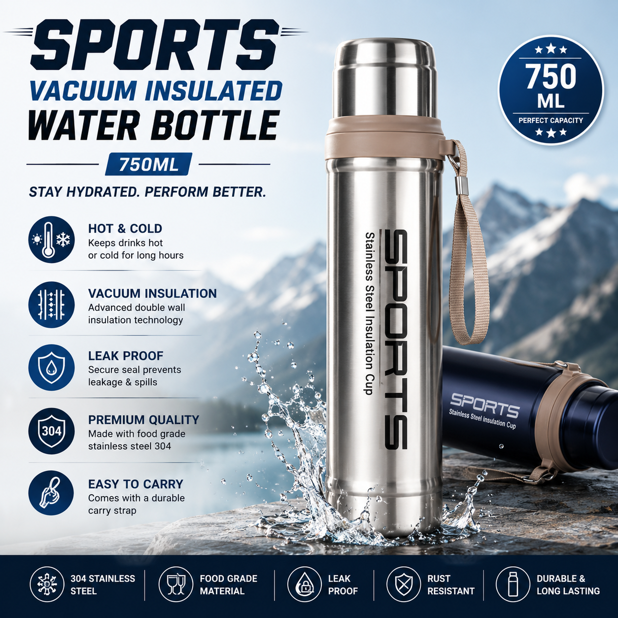 Vacuum Insulated Stainless Steel Sports Water Bottle Leak Proof Hot & Cold Flask - 750ML