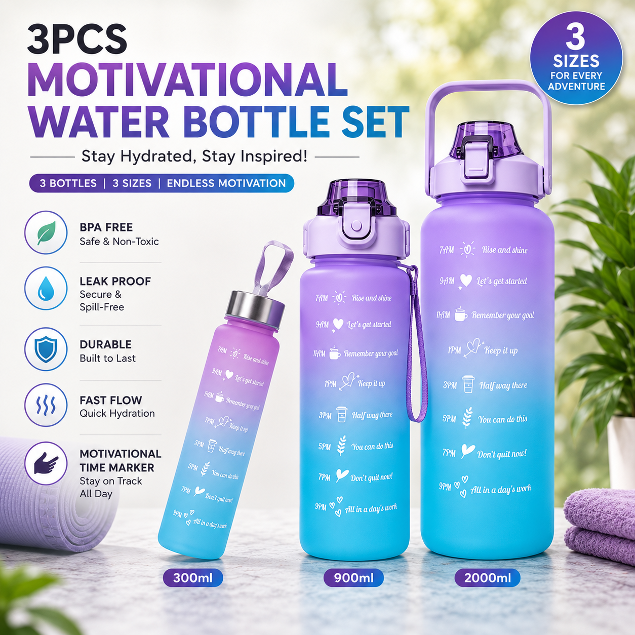 3Pcs Motivational Water Bottle Set