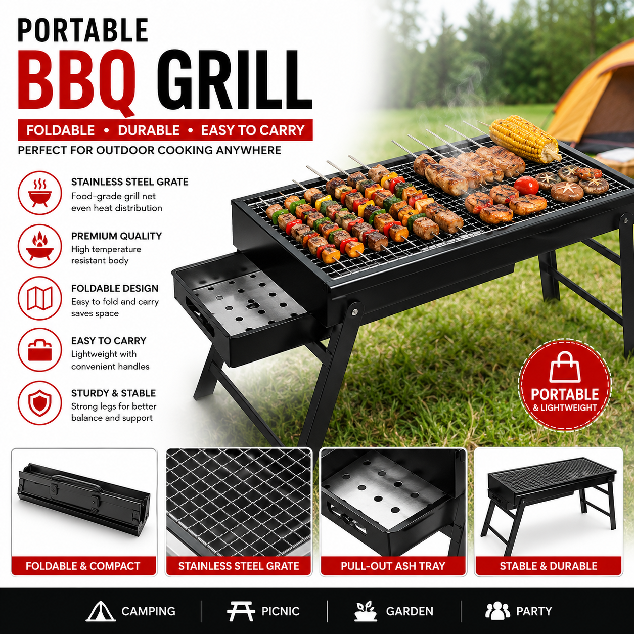 Portable BBQ Grill Charcoal Stainless Steel Foldable Barbecue Tool Kits for Camping Picnic Outdoor Garden Party