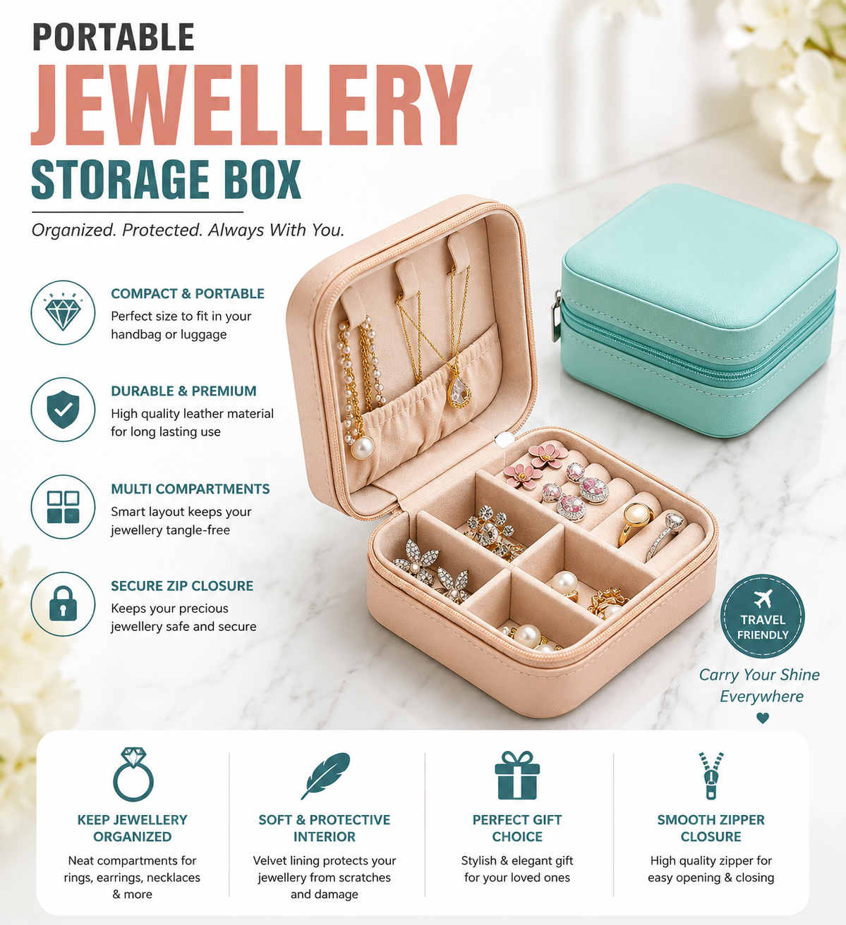 Portable Jewellery Storage box | Jewellery Organiser Box ,for Travelling Leather Box ,| Gift boxes For Jewellery, Mini jewellery storage box for multipurpose