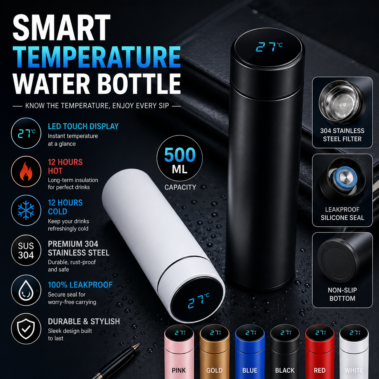 Smart Water Bottle with LED Temperature Display – Stainless Steel Flask – 500ML