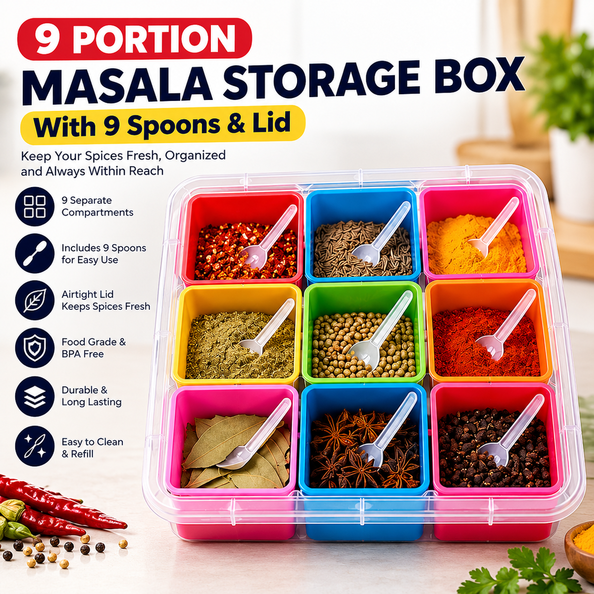 9 Portion Multi-Colour Masala Storage Box With 9 Spoons And Lid