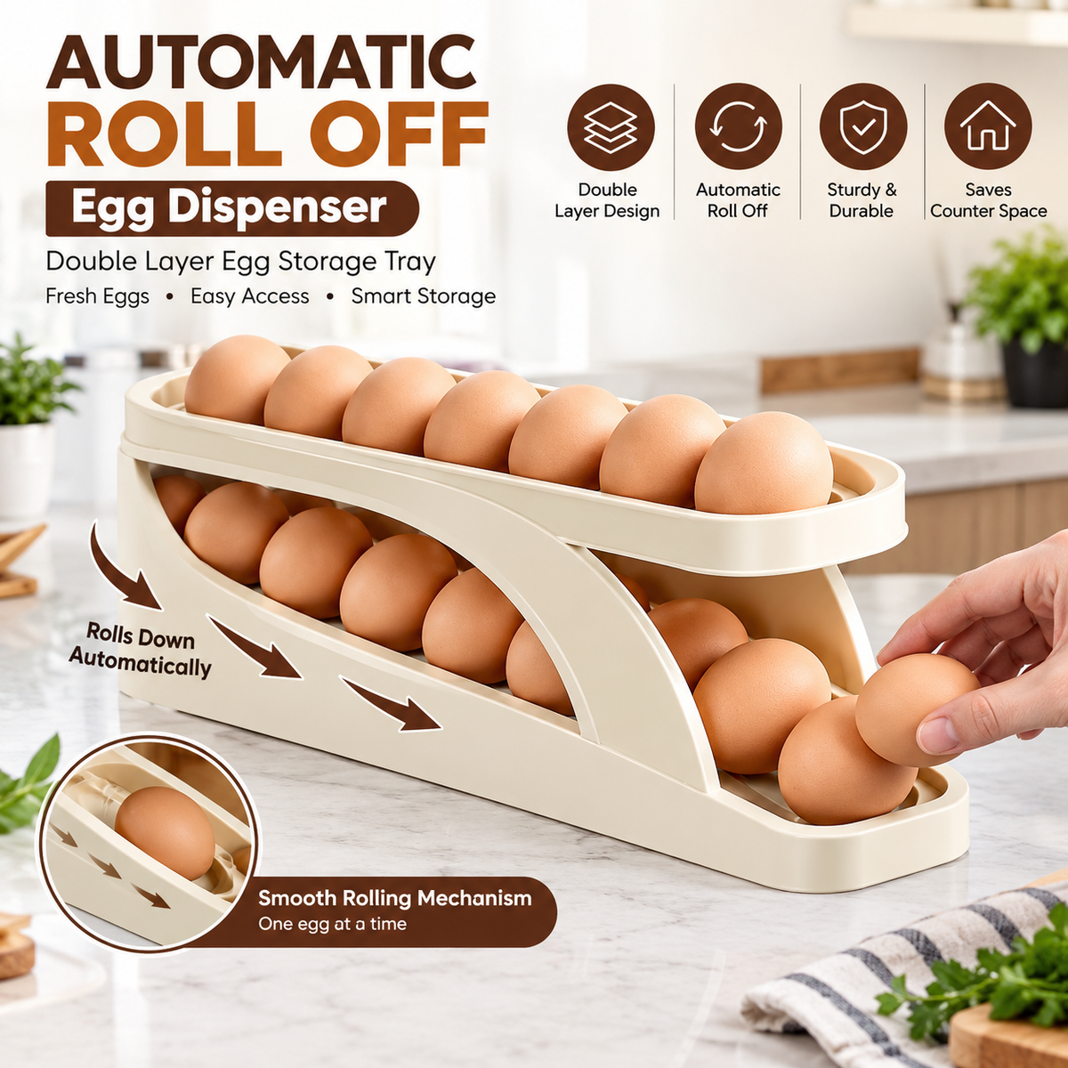 Automatic Scrolling Egg Rack, Double Layer Egg Dispenser, Counter Top Egg Storage Tray