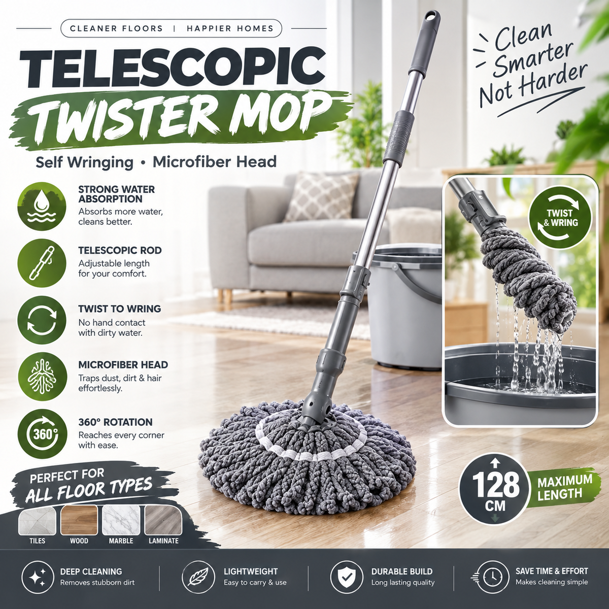 Telescopic Twister Mop with Microfiber Head – Self Wringing Floor Cleaning Mop