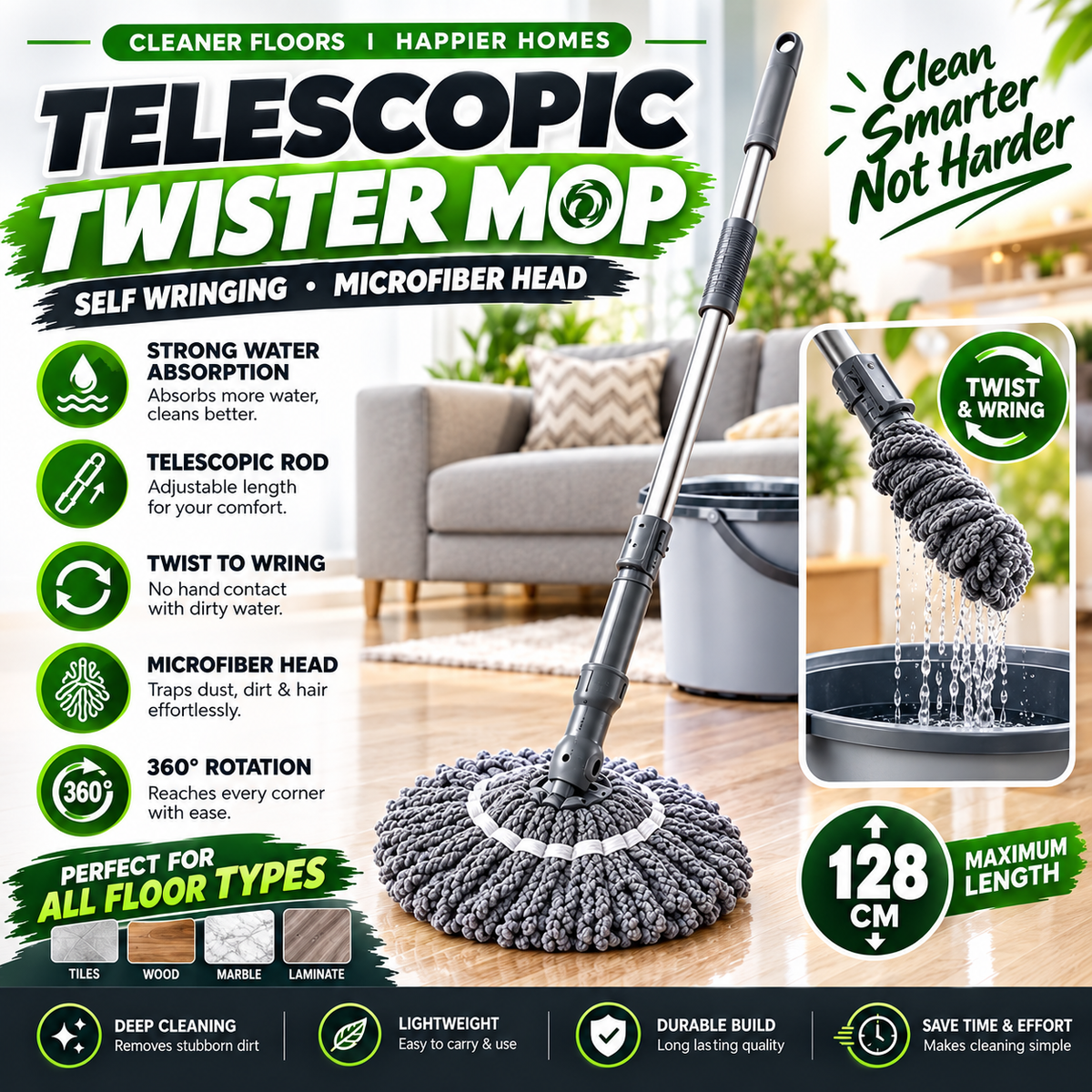 Telescopic Twister Mop with Microfiber Head – Self Wringing Floor Cleaning Mop