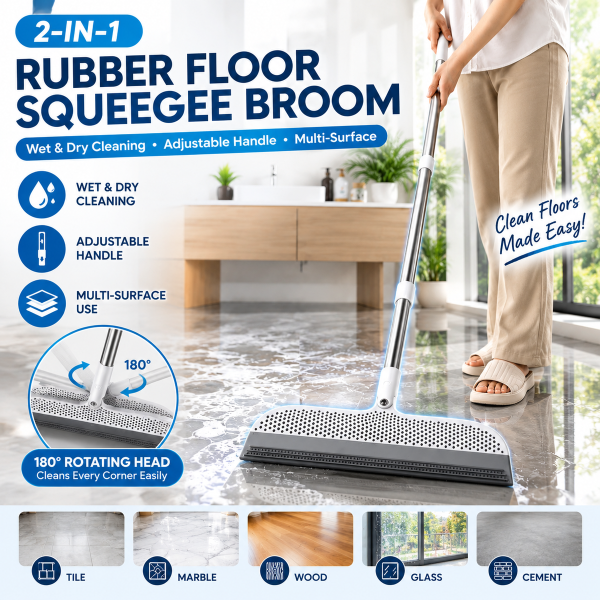2-in-1 Rubber Floor Squeegee Broom with Extendable Handle – Wet & Dry Multi-Surface Cleaner
