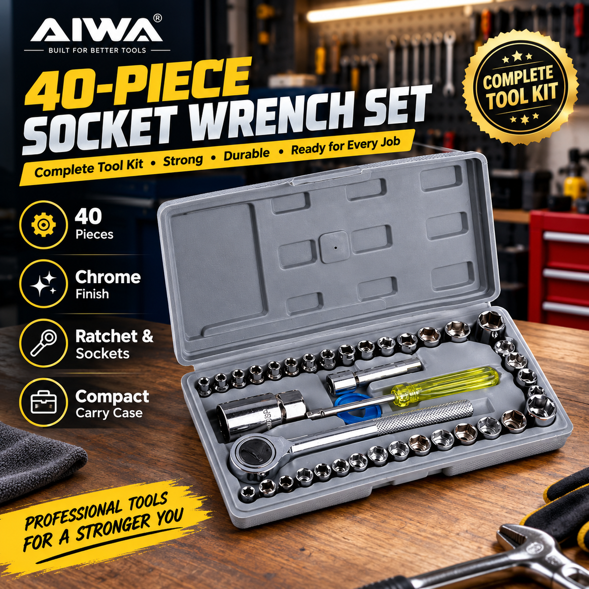 Aiwa Combination Socket Wrench Set Tool Kit - 40 Pcs - Silver