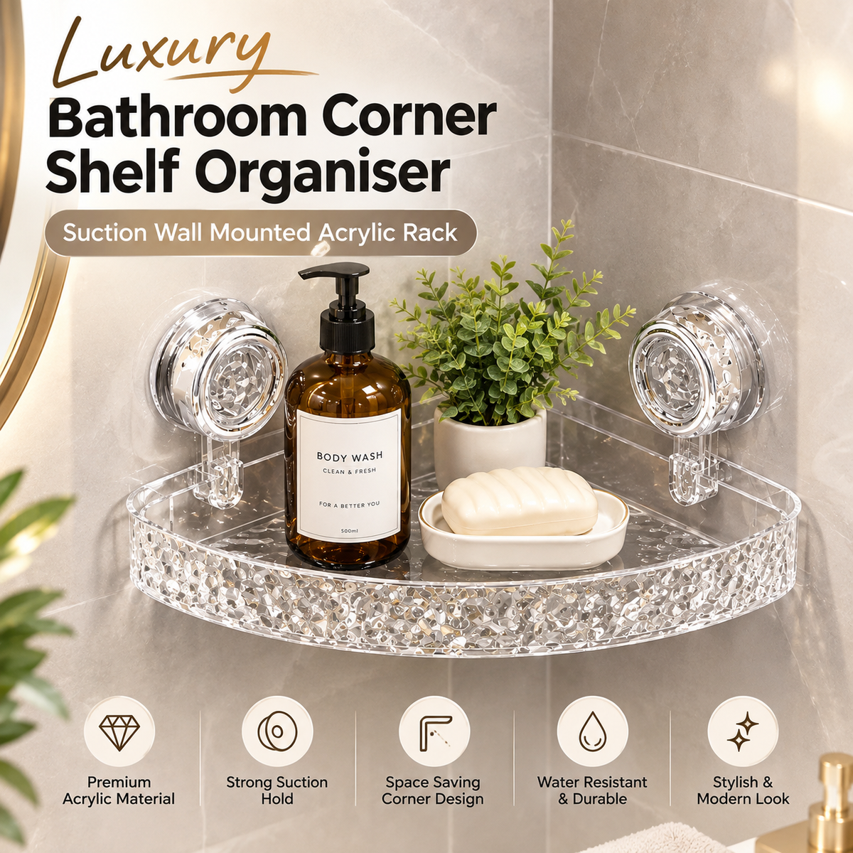 Luxury Bathroom Corner Shelf Organiser-Suction Wall Mounted Acrylin Rack