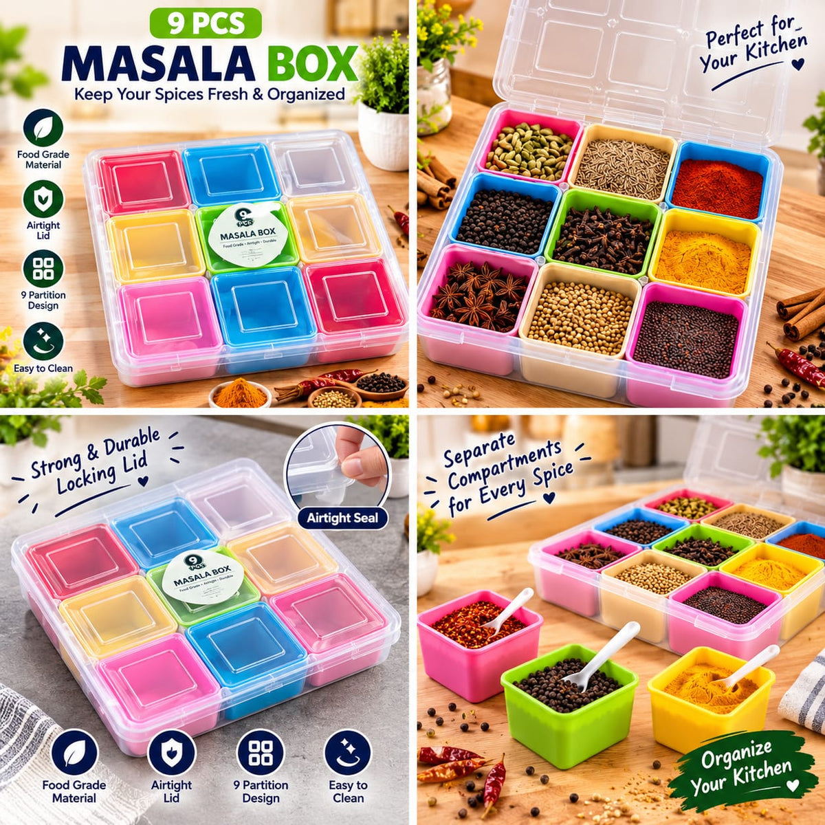 9 Portion Multi-Colour Masala Storage Box With 9 Spoons And Lid