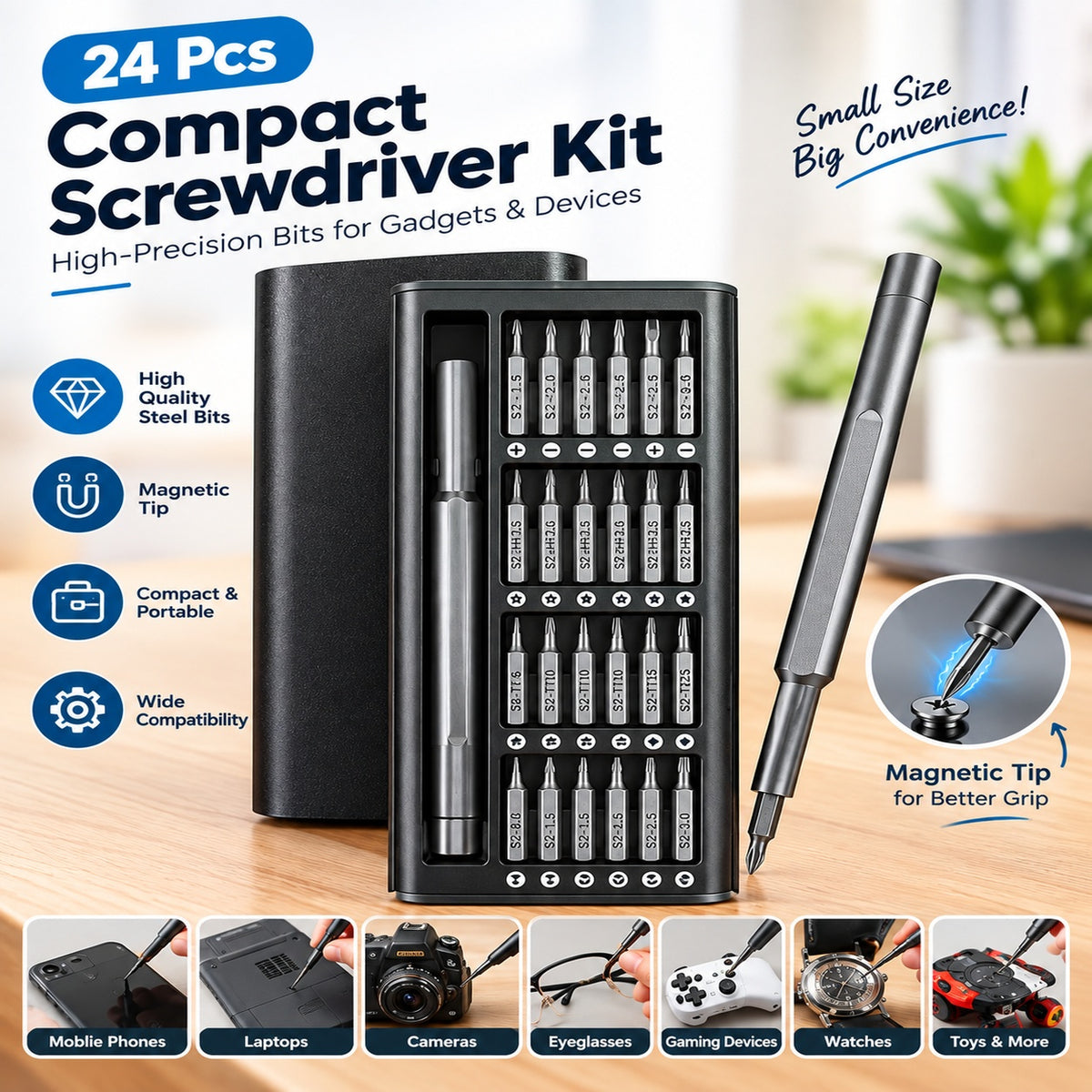 24 Pcs Compact Screwdriver Kit | High‑Precision Bits for Gadgets & Devices
