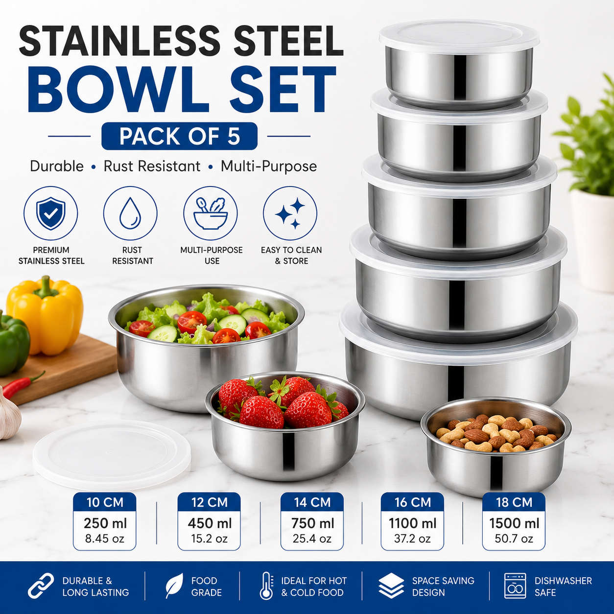 Stainless Steel Mixing Bowl Set Pack of 5
