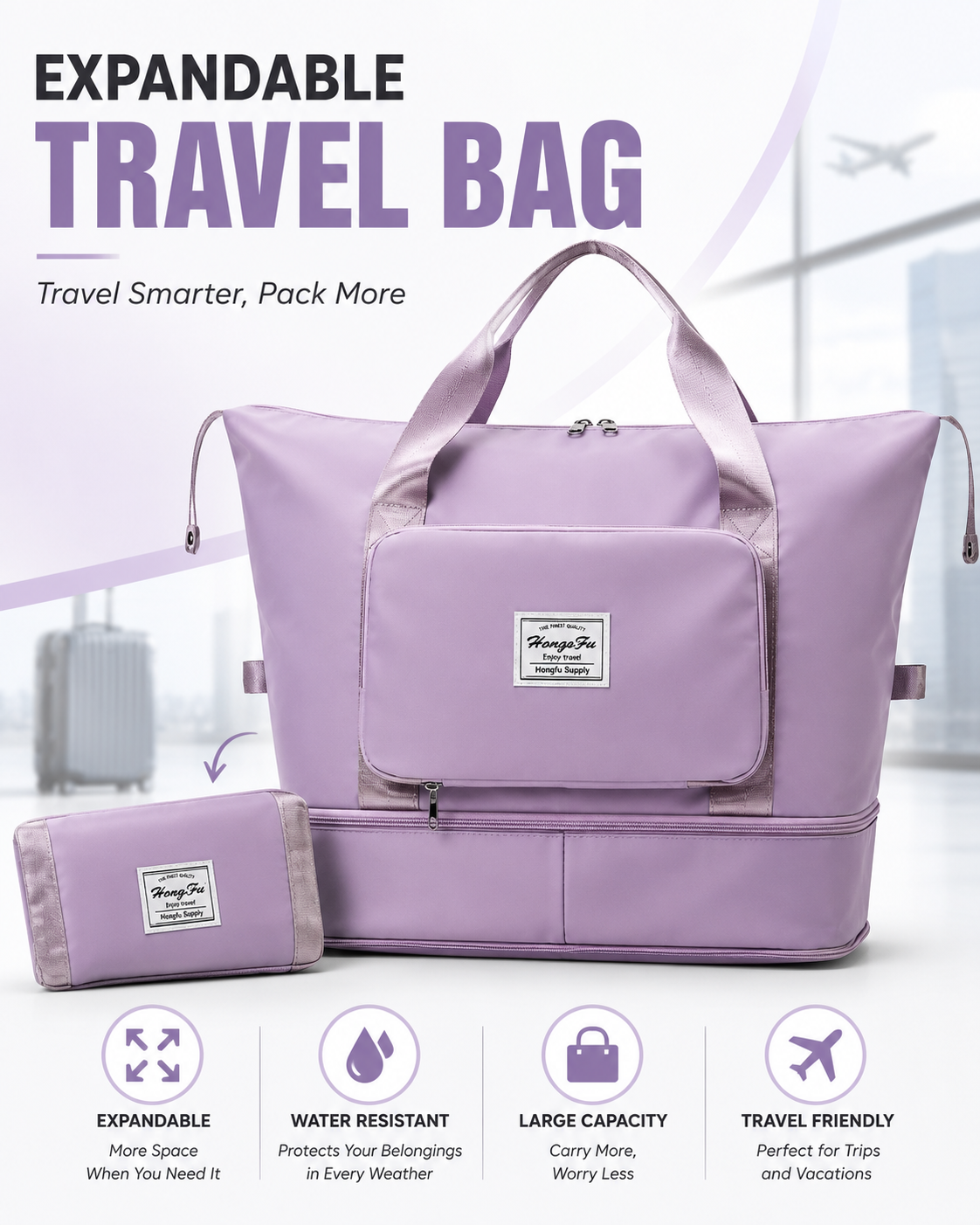 A lavender purple expandable travel bag shown in both folded and expanded states, with promotional text and feature icons on a light gray background.