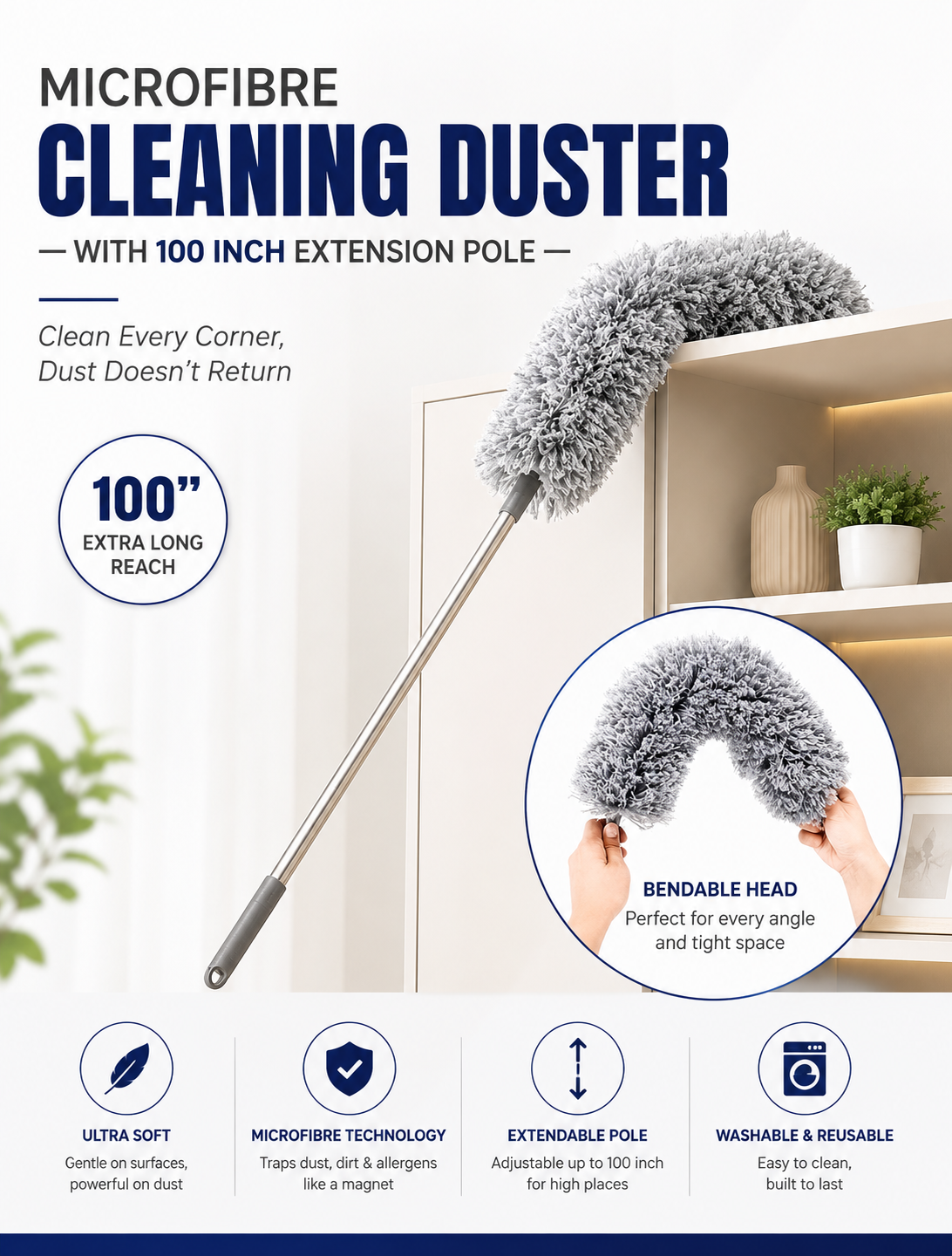 Microfiber Cleaning Duster with Extension Pole-100 cm