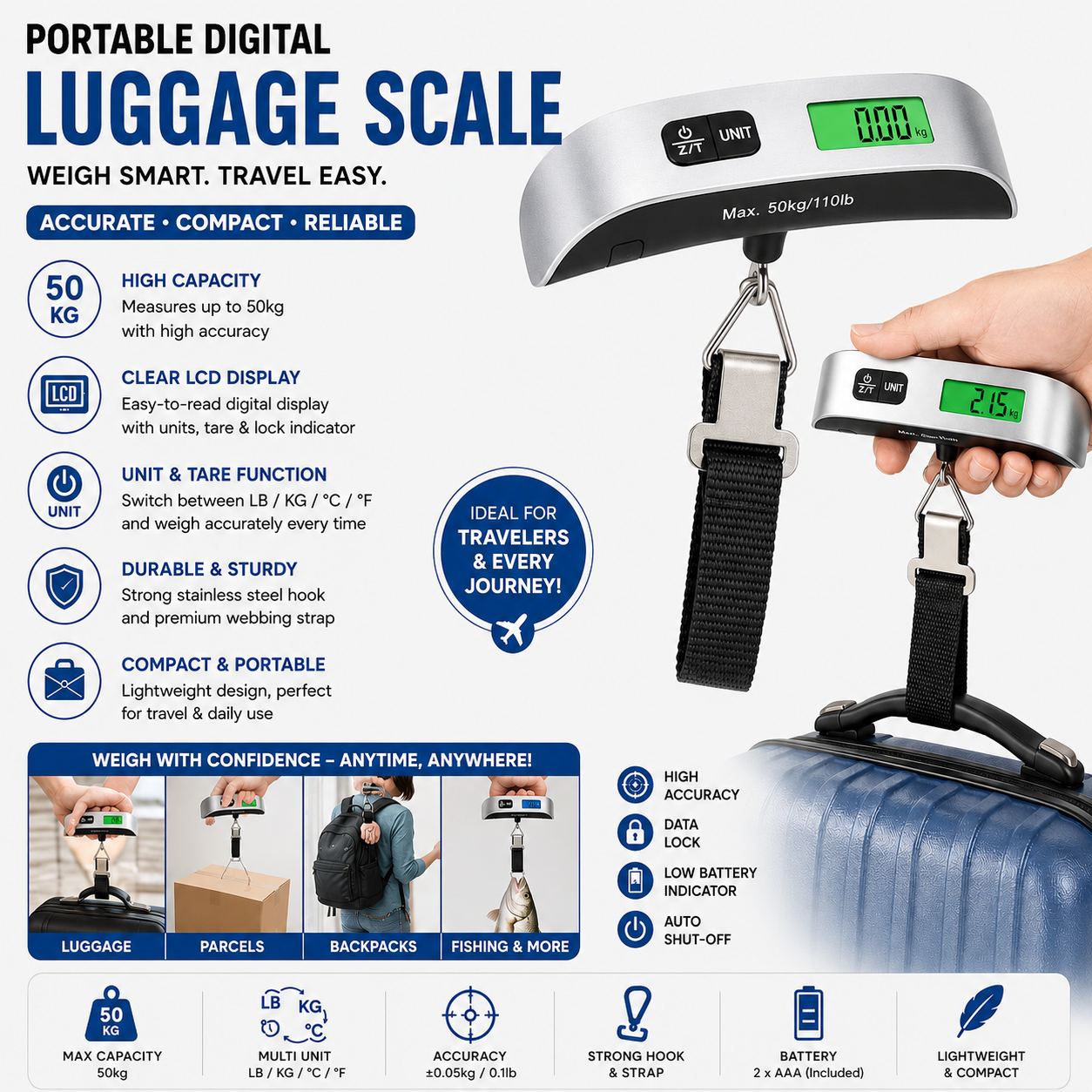 Portable Scale Digital LCD Display 110lb/50kg Electronic Luggage Hanging Suitcase Travel Weighs Baggage Bag Weight Balance Tools