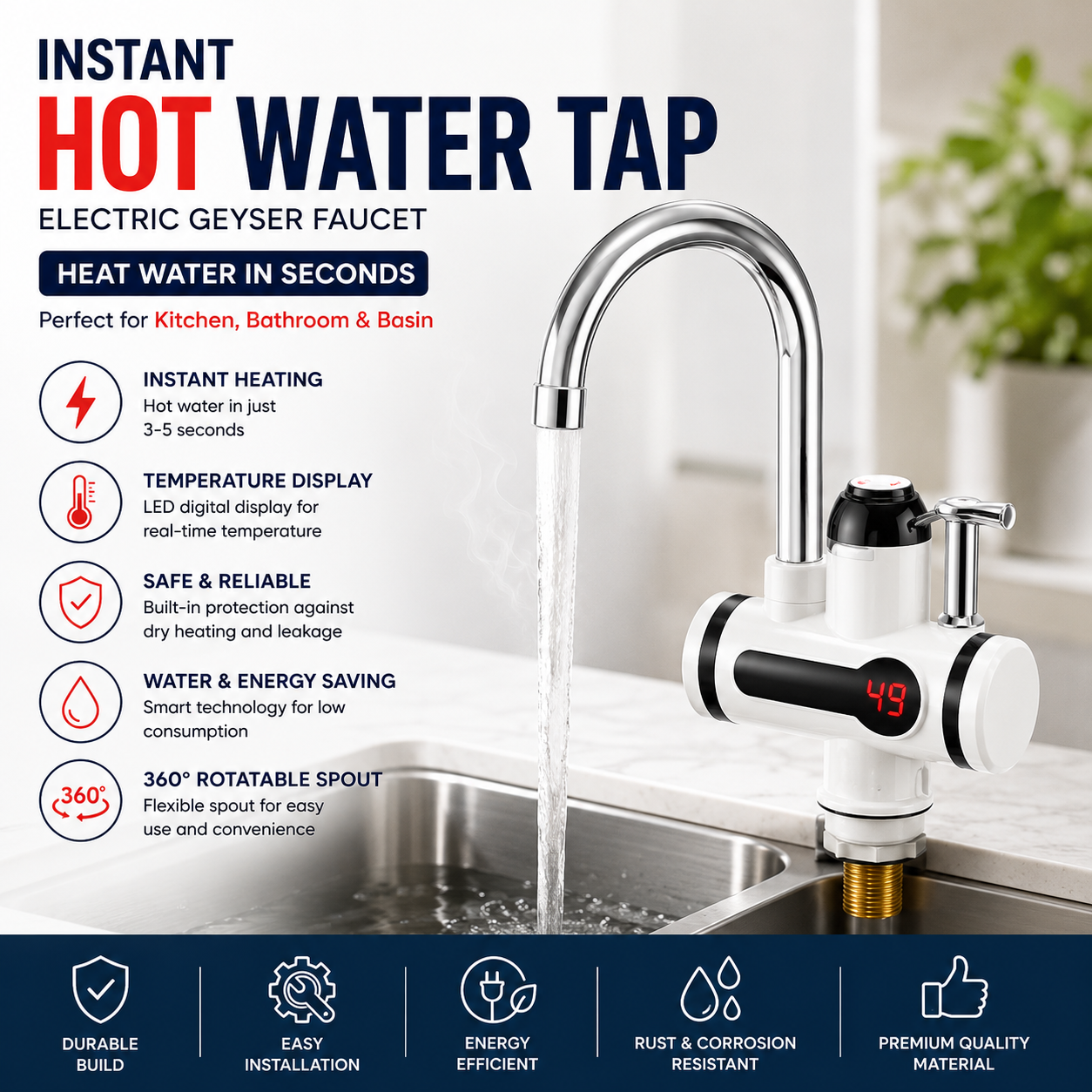 Instant Hot Water Tap Electric Geyser faucet use for Bathroom Kitchen & Basin