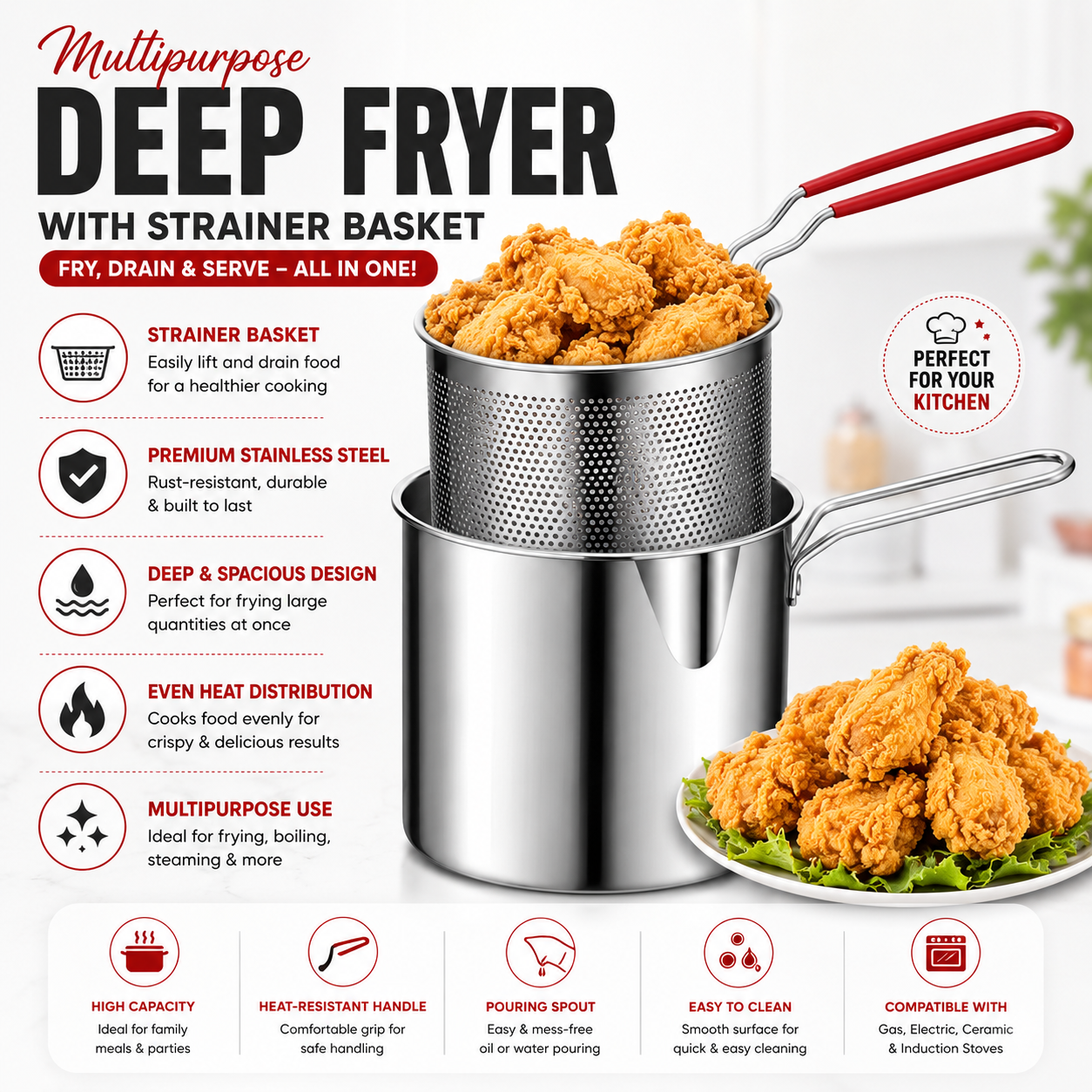 Multipurpose Deep Fryer with Strainer Basket