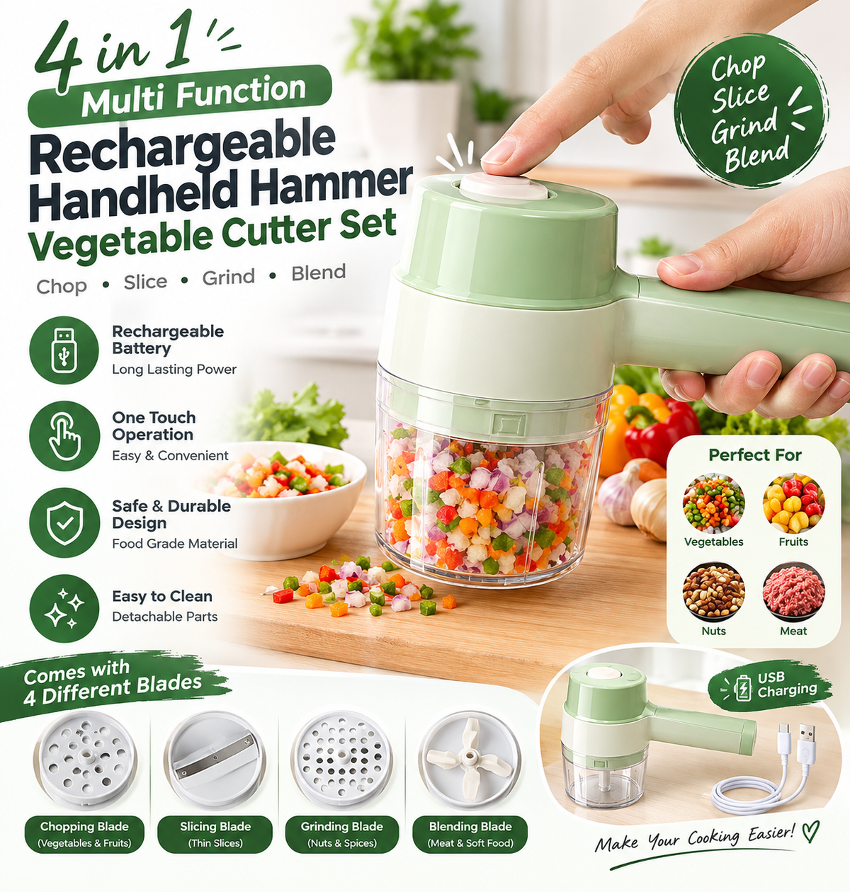 4 in 1 Multi function Rechargeable Handheld Hammer Vegetable Cutter Set