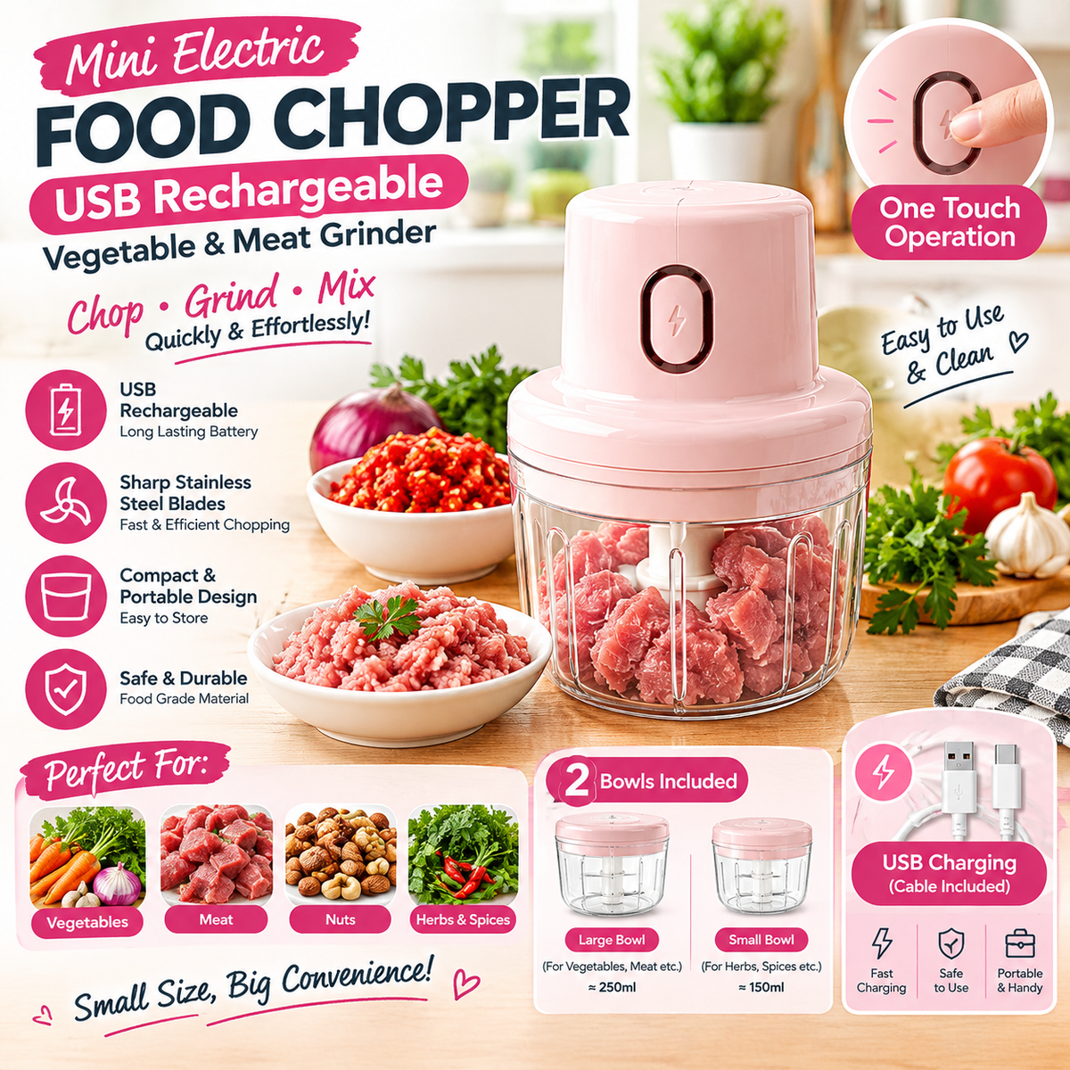 Mini Electric Food Chopper – USB Rechargeable Vegetable & Meat Grinder